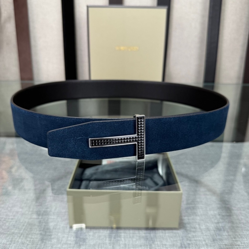 Tom Ford Navy Suede Belt with Black T Buckle